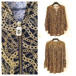 MICHAEL KORS  Logo Zipper Pull Gold Black MK Chain Print Top 1X MSRP $98.00.